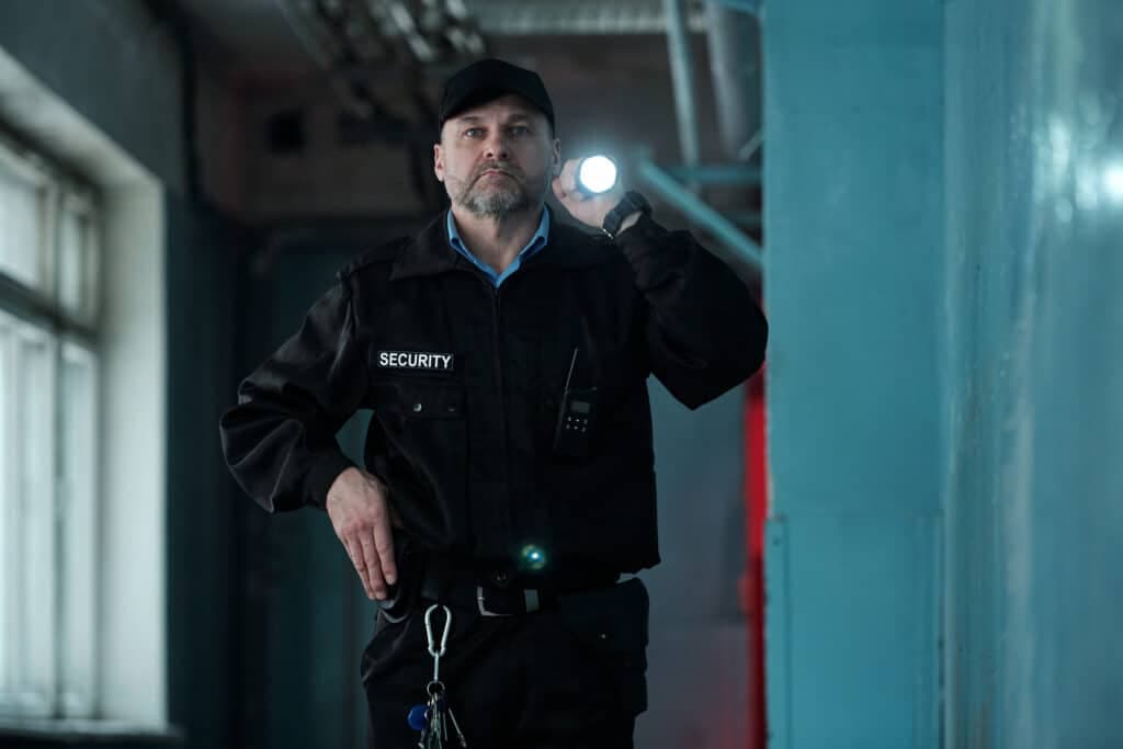 Wachmann mit Taschenlampe auf Streife